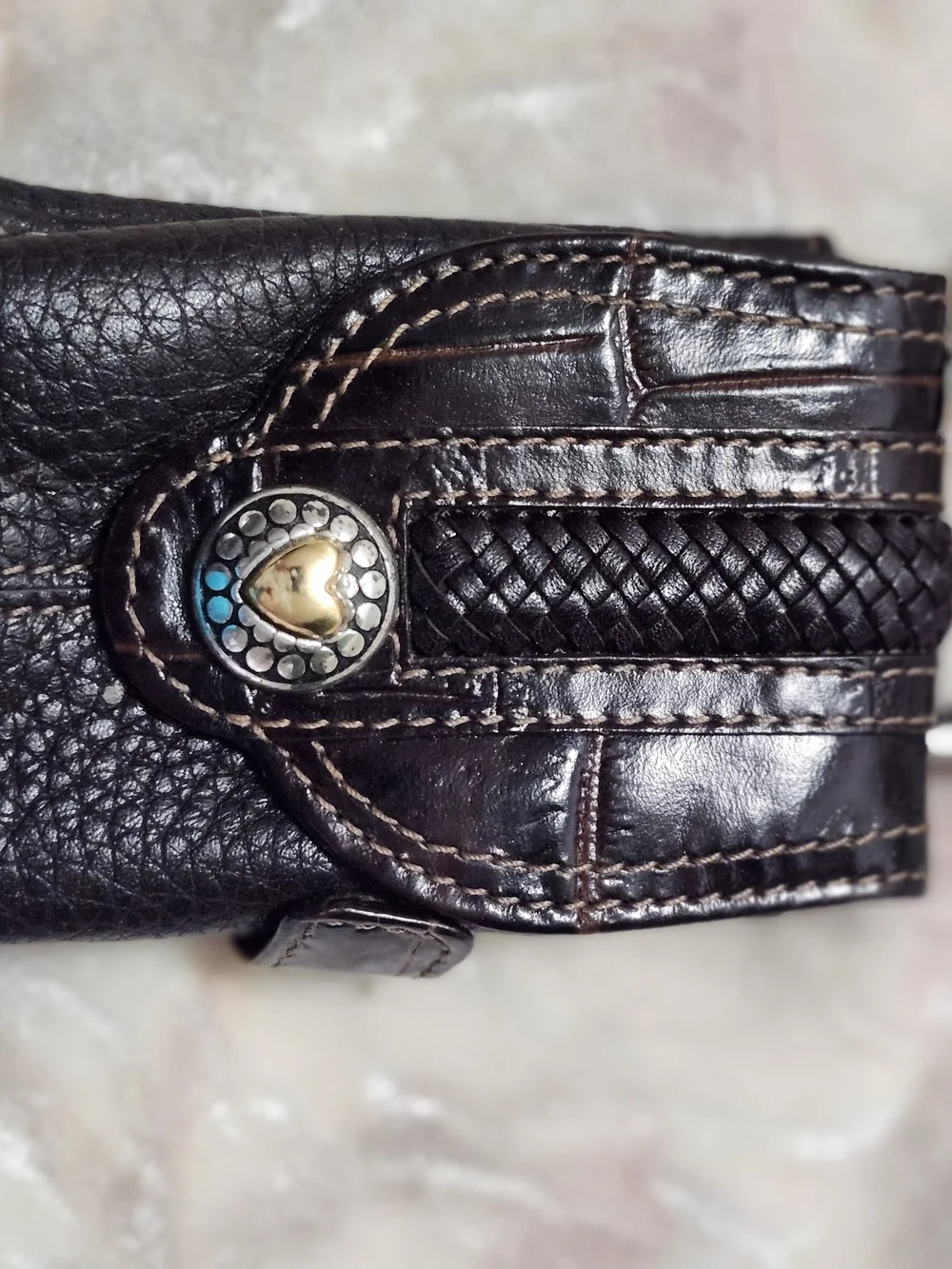 Braided Dark Brown Leather Wallet with Heart Accent